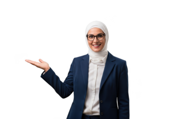 Professional smiling muslim businesswoman in hijab presenting or offering something with open hand gesture isolated on transparent background