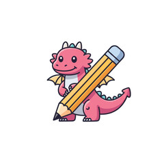 Adorable pink dragon mascot with small wings and horns happily holding a large yellow pencil.