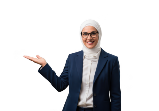 Professional smiling muslim businesswoman in hijab presenting or offering something with open hand gesture isolated on transparent background - Powered by Adobe