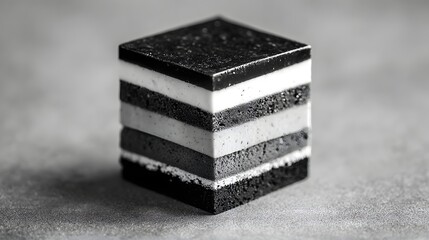 A meticulously layered dessert, a striking black and white confection, presented as a square cube, showcasing precise layering and a sophisticated aesthetic.