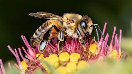 Pollination action by honeybee nature garden macro photography spring environment close-up view ecosystem vitality