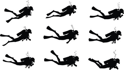 Scuba diver silhouette, underwater swimming, ocean exploration, diving vector, marine adventure, snorkeling design, water sport illustration, scuba bubbles, deep sea diving, fins