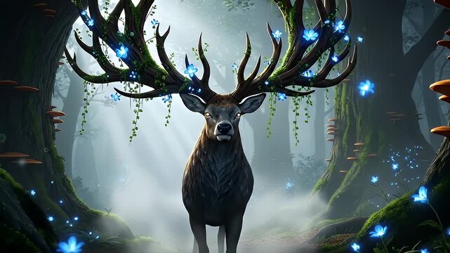 A majestic fantasy deer with large tree-like antlers and glowing butterflies in an enchanted forest