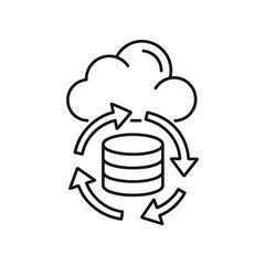Cloud Data Synchronization: An abstract black and white vector illustration, highlighting the seamless integration of a digital cloud with a database.