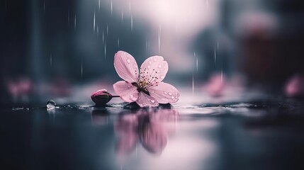 Serene depiction of a cherry blossom under a gentle rain with blurred background