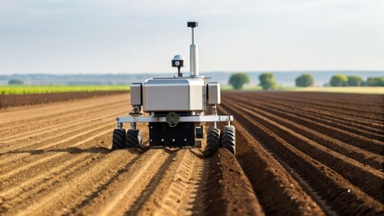 Fototapeta premium smart agriculture machine learning Automated vehicle cultivating rows of soil in a vast agricultural landscape.