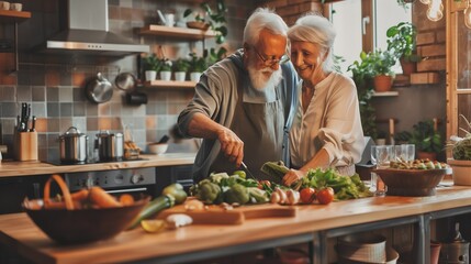 Senior couple cooking healthy meal together in modern kitchen, wooden counter, fresh vegetables, warm natural lighting, authentic candid moment.
