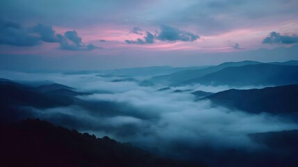 Misty mountain ranges bathed in a serene twilight hues, showcasing the tranquil beauty of a landscape veiled in a soft pastel sky.