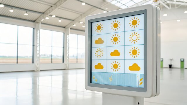 smart agriculture machine learning Digital weather display in a modern, bright indoor space with multiple weather icons.
