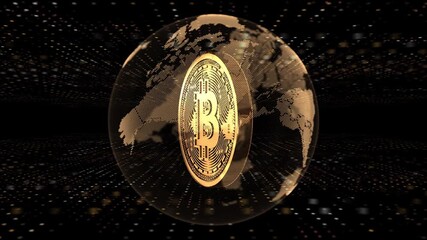 Bitcoin Global Network: Digital Currency Spinning within a World Map - Powered by Adobe