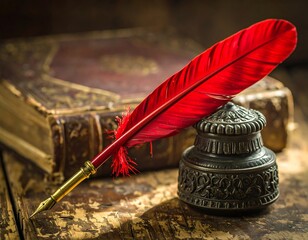 Antique quill and inkwell on aged book