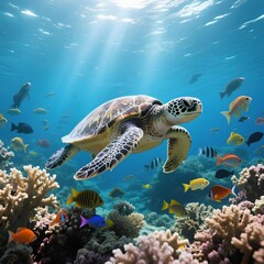 Obraz premium A sea turtle swimming gracefully through a coral reef, sunlight streaming from above, surrounded by colorful fish, photorealistic underwater scene