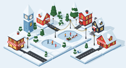 Charming Pixel Art Winter Village Scene With Ice Skating Rink and Festive Decorations