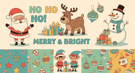 Naklejka premium Festive Ho Ho Ho Merry Bright Christmas Characters and Ornaments Collection