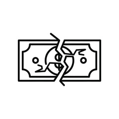 Broken Dollar Bill Icon: A minimalist black outline icon of a dollar bill is visibly split apart, visually conveying concepts of financial damage, loss, and economic distress.