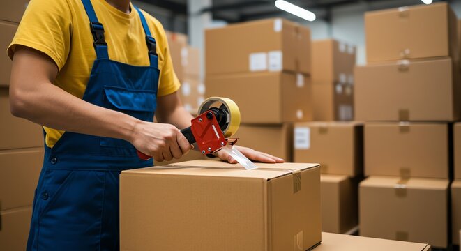 Worker sealing cardboard box in warehouse setting