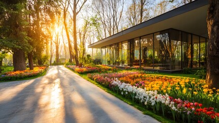 Obraz premium A sun-drenched park path leads to a modern glass pavilion, framed by vibrant tulip gardens.