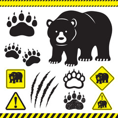 熊注意標識と足跡・爪痕のセット