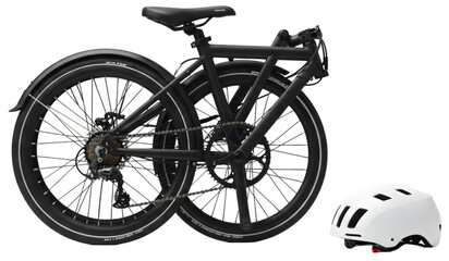 Fototapeta premium A sleek black folding bicycle parked next to a white helmet, showcasing urban commuting gear