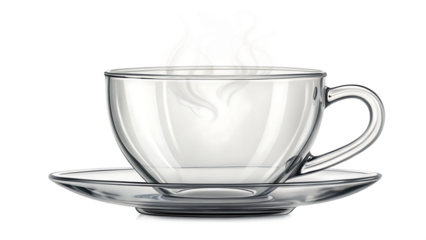 Realistic transparent glass teacup with steam rising transparent background