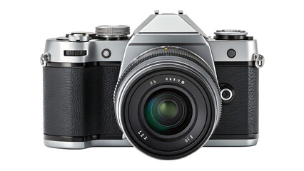 DSLR camera with lens cap off angled view transparent background