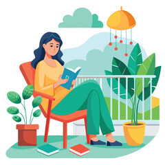 A girl relaxing on cozy balcony sitting in armchair