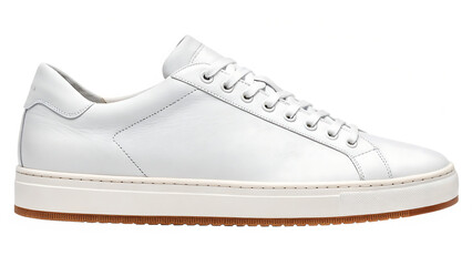 Clean white sneaker with gum sole side view transparent background