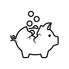 Broken Piggy Bank: A poignant outline of a cracked piggy bank, symbolizing financial distress, economic uncertainty, and the fragility of savings.