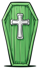 Obraz premium Green Cartoon Coffin with White Cross Symbol for Halloween or Death Concepts Illustration