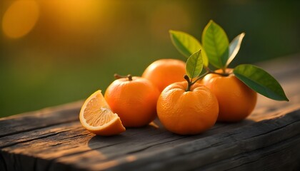 Fresh mandarins with leaves, displayed on a whitewashed wooden board with a distressed finish, shot in the soft, overcast light of a rainy day, autumn.