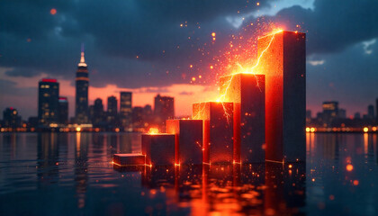 A 3d bar chart erupts with an exploding light burs