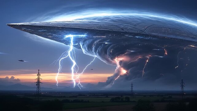 A massive triangular alien spaceship hovering in a dramatic storm cloud with powerful lightning strikes.