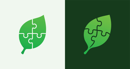 Leaf Puzzle Logo Set Environmental Solution and Sustainable Mind Icons


