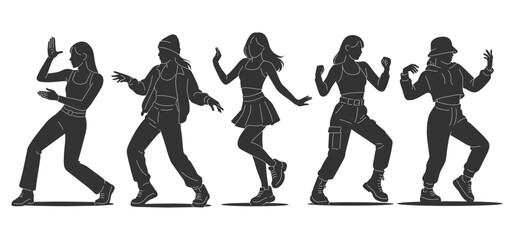 Set silhouette illustrations of kpop idols singing and dancing on stage. Flat vector kpop music star. Modern group dancers with various different styles, poses and choreography. Korean pop cultures.