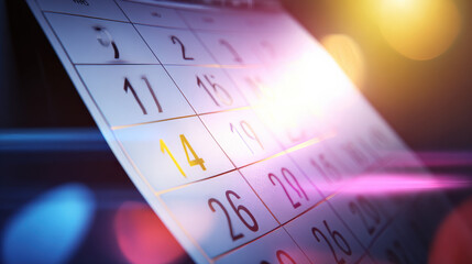 Sleek modern calendar with highlighted date, surrounded by abstract shapes symbolizing anticipation and excitement, representing planning and future events.