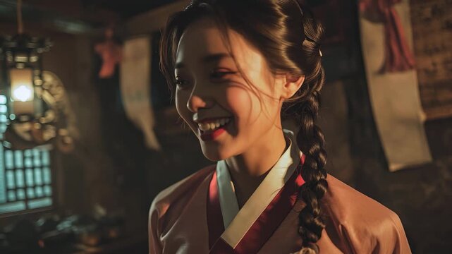 Pensive Korean woman in traditional hanbok and elegant hairstyle, smiling in rustic home