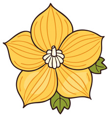 Fototapeta premium Yellow flower illustration, hand drawn style, with green leaves.