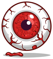 Cartoon illustration of a red and bloody eyeball with a dark pupil, veins and blood