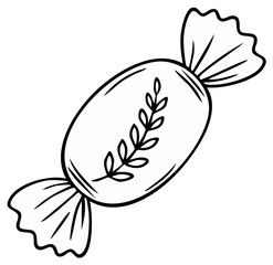Candy with Wrapped Ends and Floral Branch Design Black and White Line Art