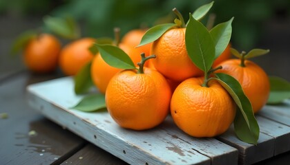 Fresh mandarins with leaves, displayed on a whitewashed wooden board with a distressed finish, shot in the soft, overcast light of a rainy day, autumn.