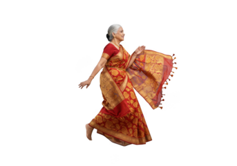 Elegant senior woman in traditional saree dancing poses, indian culture, isolated portrait, isolated on transparent background