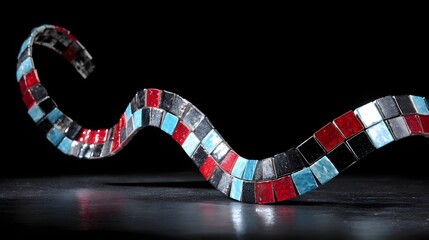 A dynamic, flowing mosaic strip, showcasing a vibrant array of red, blue, and black tiles, creating a captivating design.