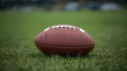 American football resting on grassy field