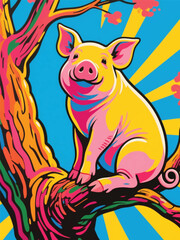 funny piggy on the tree Illustrator Artwork design template poster