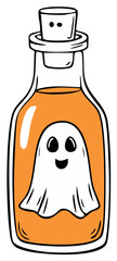 Cartoon ghost in a glass bottle filled with orange liquid for Halloween