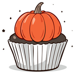 Delightful Cartoon Halloween Cupcake Topped with a Bright Orange Pumpkin for Fall Celebrations
