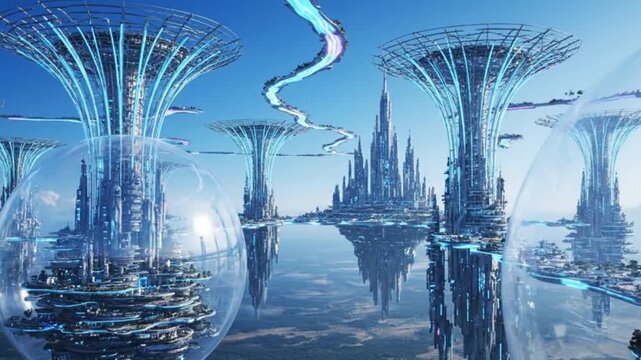 Futuristic sci fi city with giant floating structures and crystal towers above reflective water in surreal digital landscape