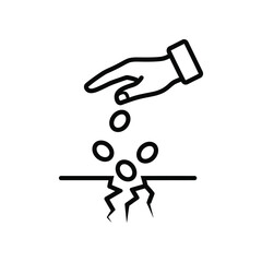 Hand Sowing Seeds: A simple graphic illustrating the act of planting, where a hand carefully sows seeds into a cracked ground, representing growth.