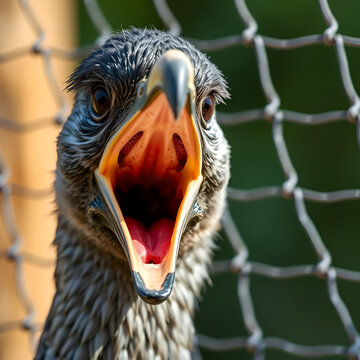 Closeup of a Southern screamer with an open beak against a mesh fence