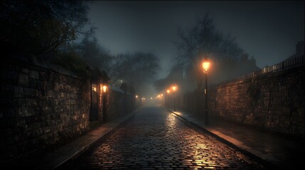 A cobblestone street bathed in the warm glow of night lamps, enveloped in a misty ambiance, creating a serene and mysterious scene.